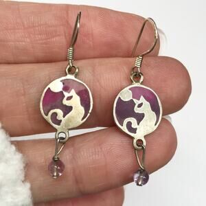Kevin N Anna 950 Sterling Silver Moon Cat Kitty Stained Glass Drop Earrings